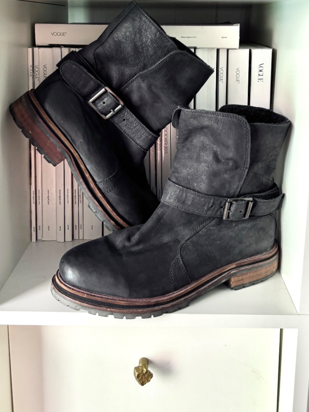 H by Hudson black leather motorcycle boots Nubuck chic moto buckle boot shoes - Picture 1 of 16